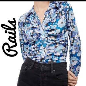 Rails Womens Lisa Blue Floral Blouse Sz XS 70's Style Ruched Stretch Slim Fit